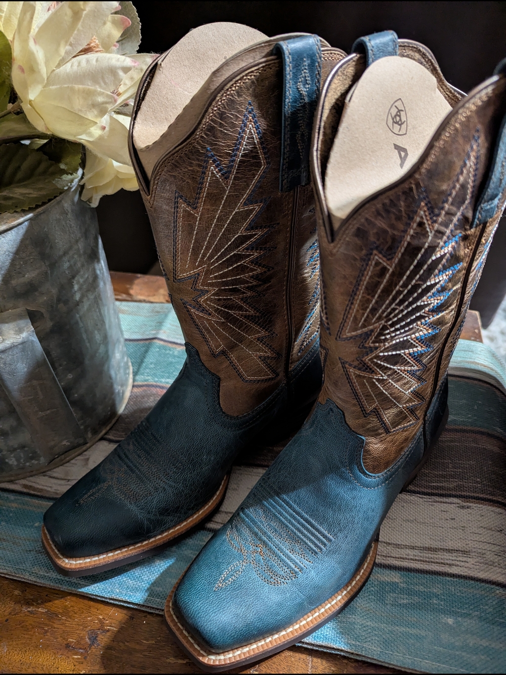 Ariat Teal and Brown Western Cowboy Heeled Boots * NWT*